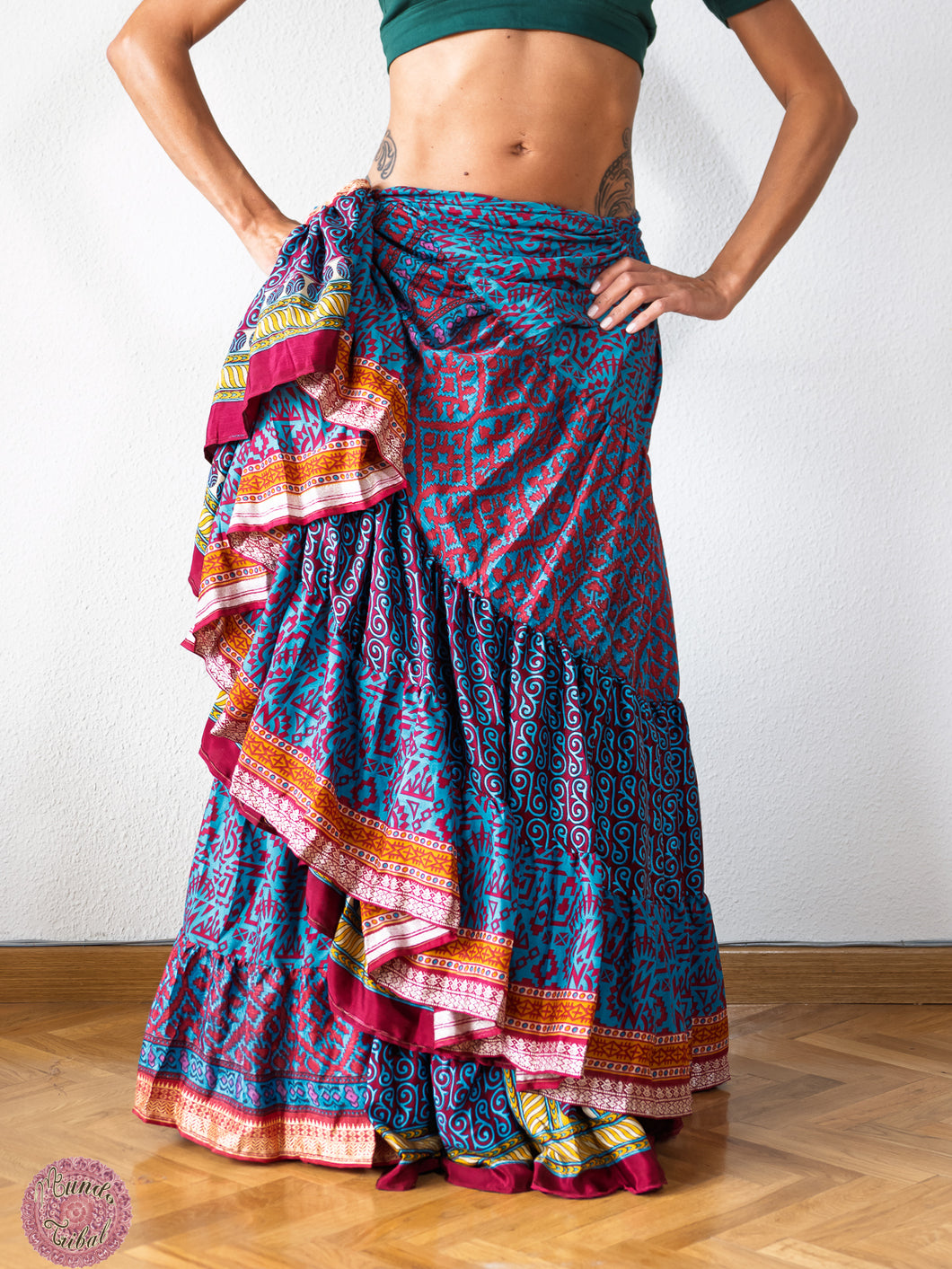 falda tribal 25 yardas ats fcbd sari tornasol india danza especial estampada zingara contrastes multicolor azul rojo
