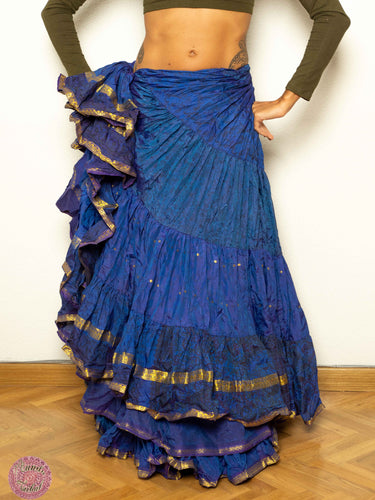 FALDA 25 YARDAS SARI TORNASOL - AZUL TOPITOS DORADOS