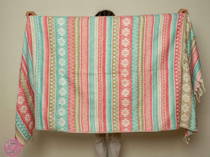PASHMINA O FULAR INVIERNO - ROSA TURQUESA PASTEL Y BLANCO