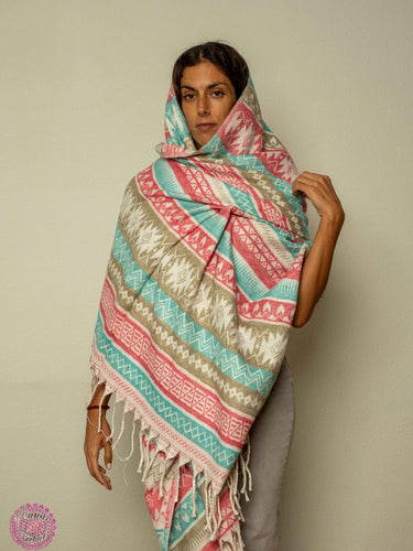 PASHMINA O FULAR INVIERNO - ROSA TURQUESA PASTEL Y BLANCO